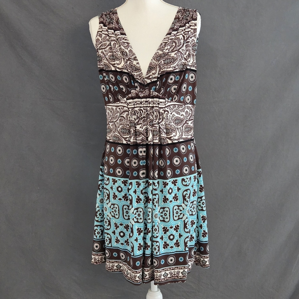 NEW DIRECTIONS Brown, Teal & Cream V-Neck Sleeveless Dress, Petite M, Boho style